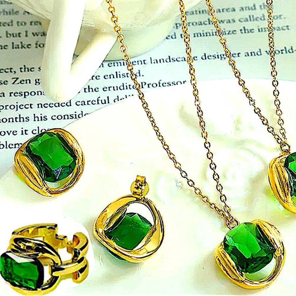 Gold Emerald Crystal Matching Necklace, Earrings, Ring Set